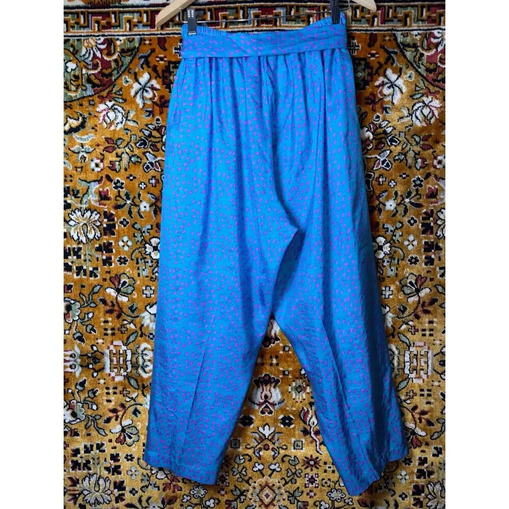 Vintage Custom 100% Silk Artsy Blue Patterned Wide Leg Pants Size M Boho Luxe